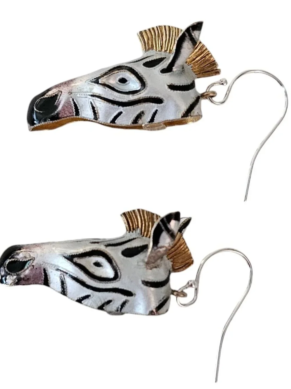 Black White Enamel Zebra Head Dangle Earrings Silver Chinese Import Vintage L516